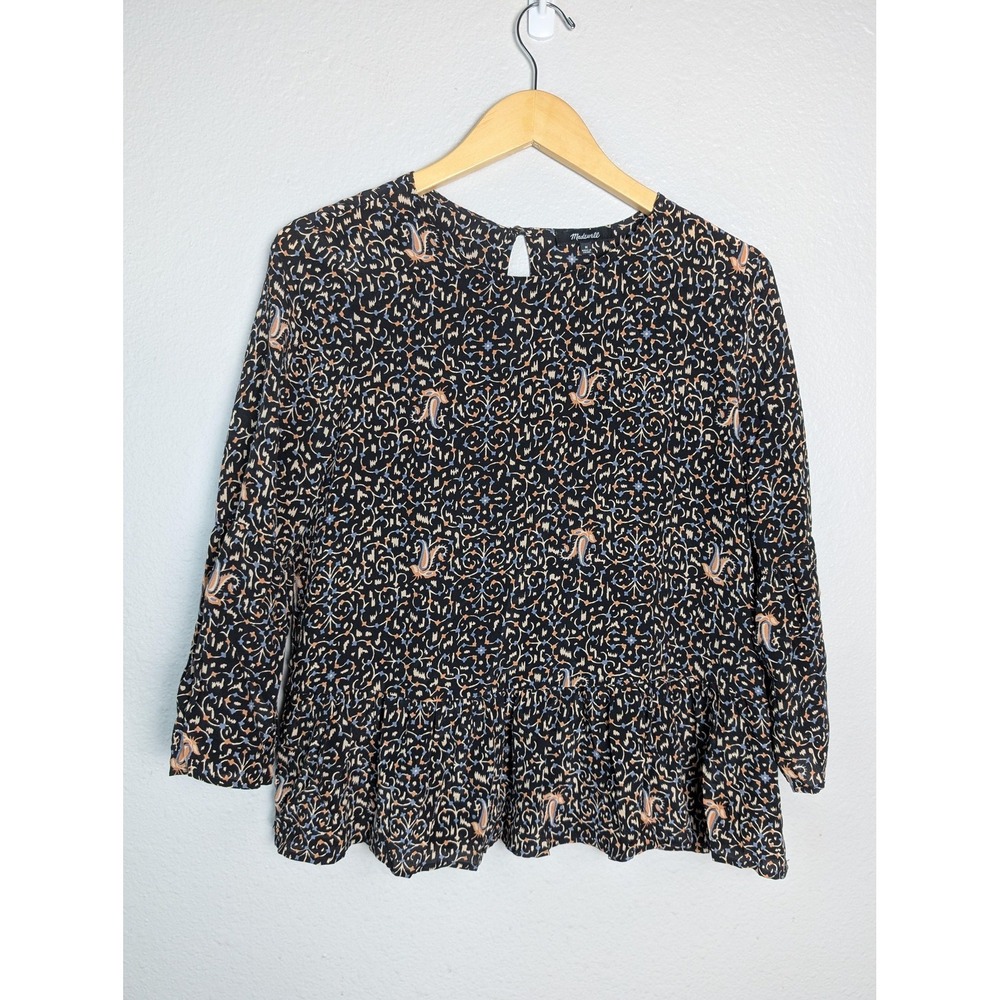 Madewell Shirt Womens Medium Multicolor‎ Floral Silk Bell Sleeve Peplum Top